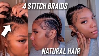4 Stitch Braids With A Bun On Natural Hair Only. No Extension Added