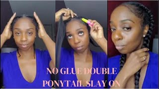 How To Sleek Braids Ponytails! No Glue Double Ponytail Slay On Natural Hair #Elfin Hair
