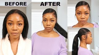 Quick & Easy Hairstyle - Deep Side Part Low Ponytail W/ Baby Hairs | Ali Grace Hair