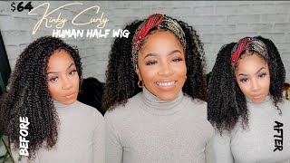 $64 Kinky Curly Human Half Wig Aka "Headband" Wig Ft. Unice Hair | Sharronreneé