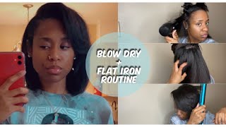 Blow Dry + Flat Iron Routine| Short Relaxed Hair