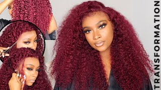 Red Wig Transformation|180%  Precolored Deep Curly Lace Frontal Wig Install| No Dye| Asteria Hair