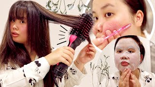 Skincare Routine + Shave My Face With Me + New Hair/Bangs With Revlon One Step Hair Dryer Volumizer