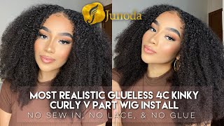Most Realistic Glueless 4C Kinky Curly V Part Wig Install | No Sew In No Lace No Glue | Junoda Hair