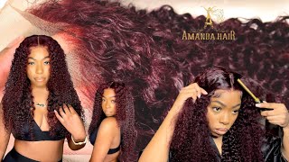 99J Burgundy Wig | Jerry Curl 13X4 Lace Front Install | Start To Finish | No Glue | Amanda Hair