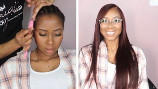 Slaying My Sisters Hair For Her Birthday | Wine Red Glueless Wig Install | Cassandra Olivia