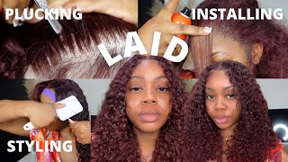 Wig Finessing Tips & Tricks! Plucking, Installing,  & Curl Defining! Burgundy Curly  Wig Ft Reshine