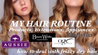 My Hair Routine- How To Deal With Frizzy Dry Hair, Clip In/Tape Extensions, Tips, Appliances & More!