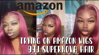 Trying On Amazon Wigs | 18" 99J Frontal Wig Ft Supernova Hair
