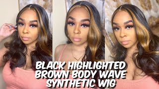 Black Highlighted Brown Body Wave Synthetic Wig | Amazon Wigs | Lindsay Erin