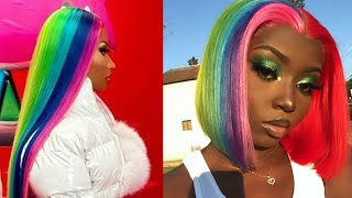 Nicki Minaj "Trollz" Inspired Rainbow Wig On Darkskin  | Ruby'S Royalty Collection