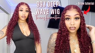 Perfect Deep Wave 99J Wig  Install + Burgundy Brow Tutorial Ft West Kiss Hair