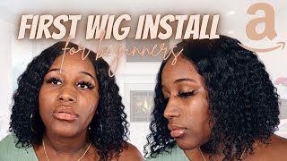 Installing A Lace Frontal For The First Time| Amazon Curly Bob Wig (Must Have) + Start To Finish