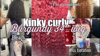 Watch Me Bleach & Dye Kinky Curly 34" Burgundy Wig (Kiss Tintation Crimson)|Britv