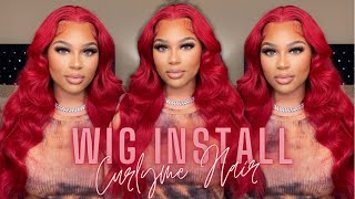 Best Pre-Colored Red Frontal Wig Install + Wand Curl Tutorial | Curlyme Hair