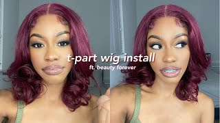 Burgundy T-Part Wig Install Under $100 |Not A Bob| Ft. Beauty Forever Hair
