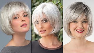 Top Haircut Trends For 2022// Bob  With Bangs Curtain// Amazing Hairstyle Silver Hair