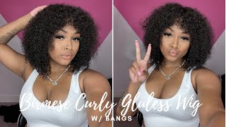 Burmese Curly Glueless 4X4 Lace Closure Wig With Bangs Ft. Gorgius Hair| Ari J.