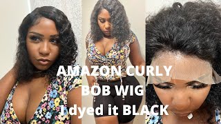 Amazon 14 Inch Curly Bob Wig | How I Dyed This Lace Wig Black | Beginner Friendly Wig Install | Remy