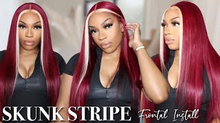 Burgundy Blonde Skunk Stripe Install  28 Inch Frontal Wig | One More Hair