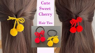  How To Make  Cute Red Cherry Hair Tie | How To Make A Pom Pom | Pom Pom Hair Band Pony Tail Holder