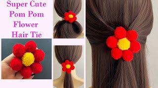 Diy Cute Yarn Pom Pom Flower Hair Tie | How To Make A Pom Pom | Pom Pom Hair Band | Pony Tail Holder