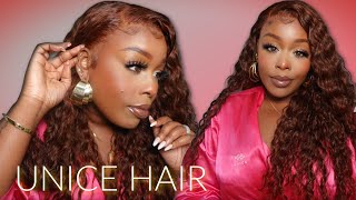  Official Fall Color! Reddish Brown Waterwave 13X4 Lace Wig! Easy Work! Effortless Style Unice Hair
