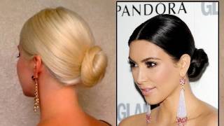 Kim Kardashian Bun Hair Tutorail: Prom Wedding Updo Hairstyle For Long Hair Sleek Down Do