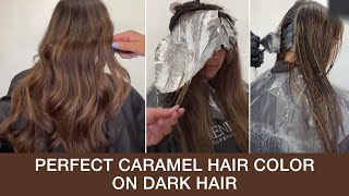 How To Create The Perfect Caramel Hair Color On Dark Hair | Foilyage Technique | Kenra Color