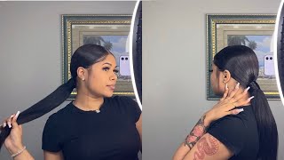 Sleek Low Invisible Ponytail | Middle Part | No Glue Or Thread