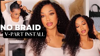 No Braid Down Easy Curly V-Part Wig Install!! This Took Me Less Than 5 Minutes!!- Ft Beautyforever