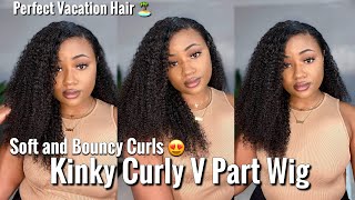Quick And Easy! | Perfect Low Maintenance Vacation Wig! | Kinky Curly V Part Wig | Klaiyi Hair