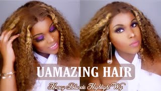 !! Beyonce Vibes | Blonde Highlight Curly Lace Wig Install | Tpart Lace | Uamazing Hair-Besfor
