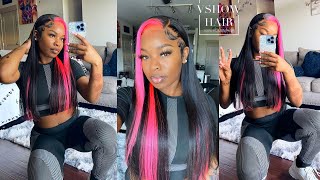 Pre Colored Pink Skunk Stripe Body Wave Frontal Wig Install Ft. Vshow Hair