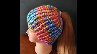 Crochet Beanie Rainbow Hat. The Easiest, Quickest Ponytail Beanie Hat Ever. One Size Fits All.