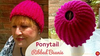 Ponytail Chained Ribbing Knitted Hat - Knitting A Stretchy Ponytail Hat
