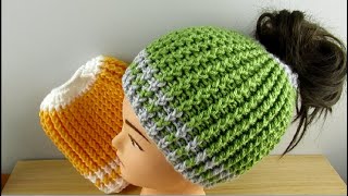 Crochet Messy Bun Hat Ponytail Beanie Tutorial Adults 18"-22" - (C) Designed By Happy Croc