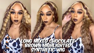 32 Inch Mixed Chocolate Brown Highlighted Deep Wave Synthetic Wig | Lindsay Erin