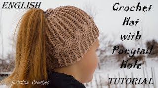 Crochet Hat With Ponytail Hole And Cable Tutorial (English)