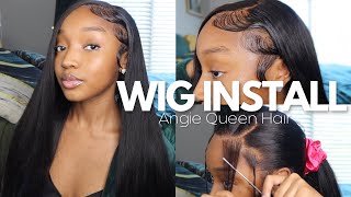 Jet Black Bone Straight Wig Install W/ 3 Layered Edges | Angie Queen Hair