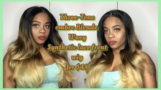 $48Three-Tone Ombre Blonde Wavy Synthetic Lace Front Wig 24 Inches | Ft. Readywig