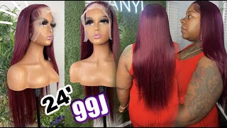 Ready To Wear 24 Inch Pre-Colored Burgundy  Wig  || No Bleach Needed || Beautyforever Hair
