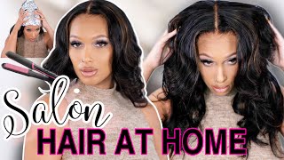Silk Press Blowout Wrap Curls No Salon! No Glue Pre-Plucked Hairline Wavy Hair Wig