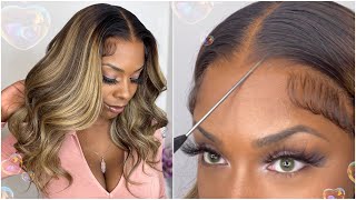 Pre Colored | Bleached Knots | Wavy Caramel Blonde Balayage Lace Front Wigs - Sofiathewigstylist003