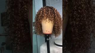Short Brown Highlight Curly Human Hair Wig With Bangs Brazilian Hair Kinky Curl Wig For Black Women