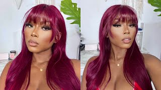 Sexy Burgundy Straight Wig | Fringe Bang | Install + Styling Ft. Unice Hair Company