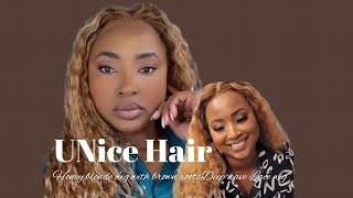 Unice Hair Install & Review| Honey Blonde Wig With Brown Roots Deep Wave Lace Front Wig| Unsponsored