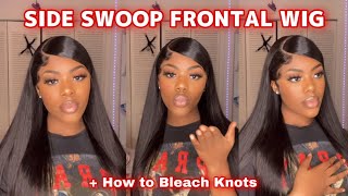 Side Swoop Bang Frontal Wig Install + How To Bleach Knots!! | Beginner Friendly