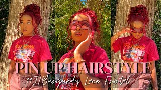 Trendy Updo Pin Up Hairstyle On Perfect Fall 99J/Burgundy Lace Frontal Wig | Ft. Hermosa Hair