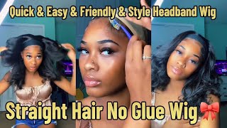 Quick & Easy & Friendly & Style Headband Wig | Straight Hair No Glue Wig Ft. Alimice Hair